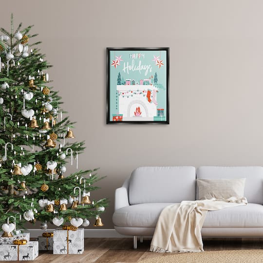 Stupell Industries Happy Holidays Festive Mantel Stockings Framed Floater Canvas Wall Art